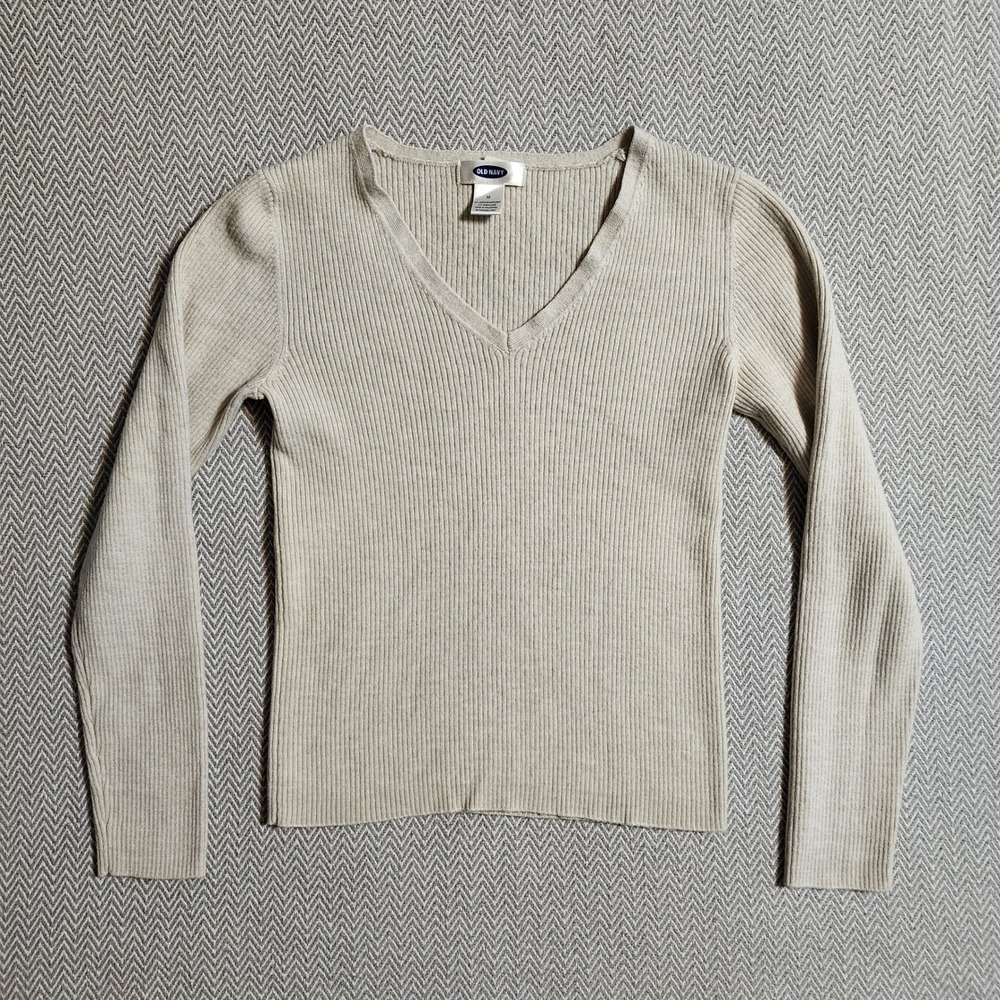 Old Navy Ribbed V-Neck Sweater M Beige Wool Blend Knit Long Sleeve